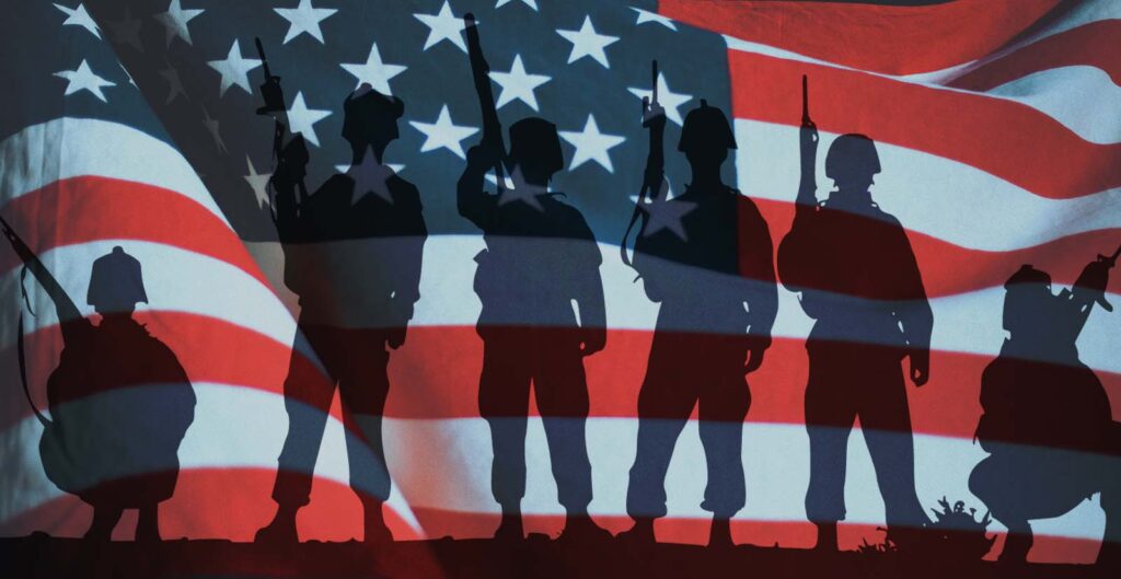 A digital illustration of US flag and soldiers