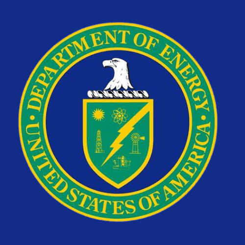 The department of energy logo on a blue background.