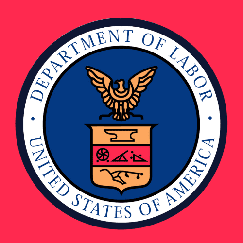 The department of labor logo on a red background.