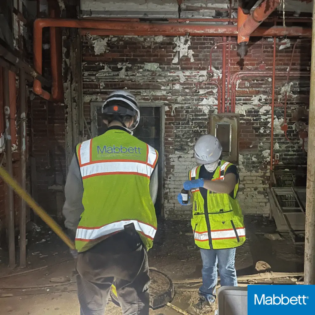 Two workers inspecting an old industrial site.